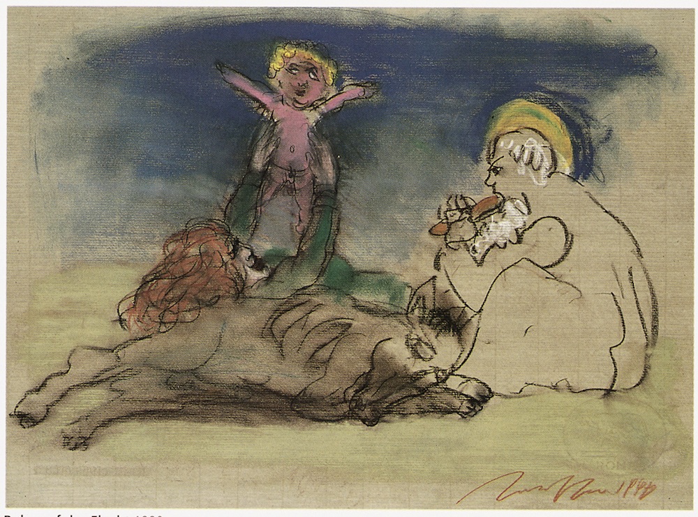 Alfred Hrdlicka, Ruhe auf der Flucht, Kreide, Bister, Rötel, Pastell, 49 x 66 cm, 1990